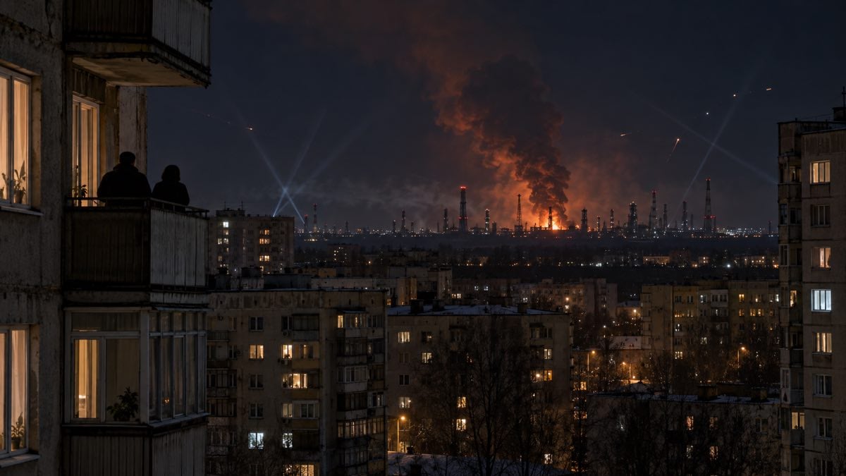 Ucrania lanzó contra Moscú el mayor ataque con drones de la guerra en plena elección rusa: tres muertos y la refinería en llamas 1 Dos vecinos miran desde un balcón una zona industrial con humo naranja bajo un cielo nocturno iluminado.