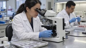 Una patóloga observa muestras de tejido en un microscopio de un laboratorio hospitalario.