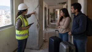 Ingeniera señala una grieta en una columna mientras dos residentes observan con maletas en un pasillo.