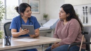 una enfermera conversa con una paciente joven durante una consulta de seguimiento.