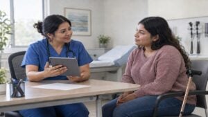 una enfermera conversa con una paciente joven durante una consulta de seguimiento.