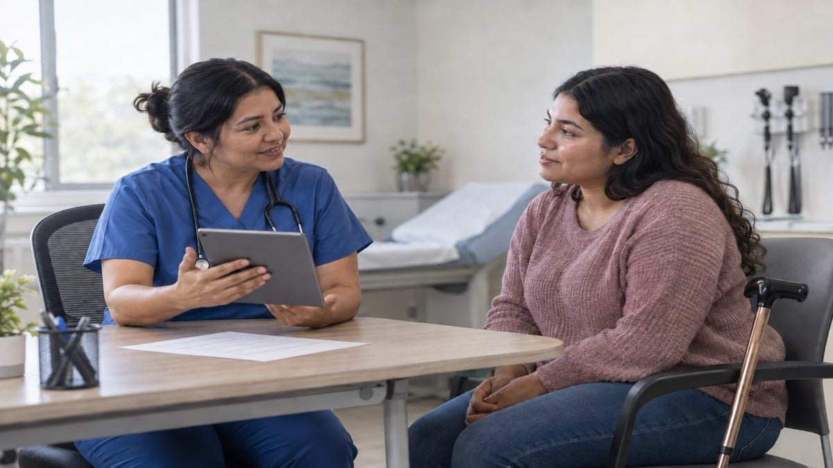 La UNAL validó con 270 pacientes el primer cuestionario colombiano de esclerosis múltiple: pregunta por la vida sexual 1 una enfermera conversa con una paciente joven durante una consulta de seguimiento.