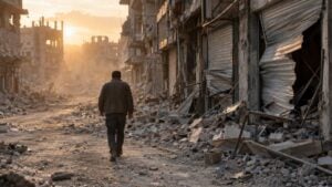 Un hombre camina entre los escombros de una calle comercial destruida en Gaza.