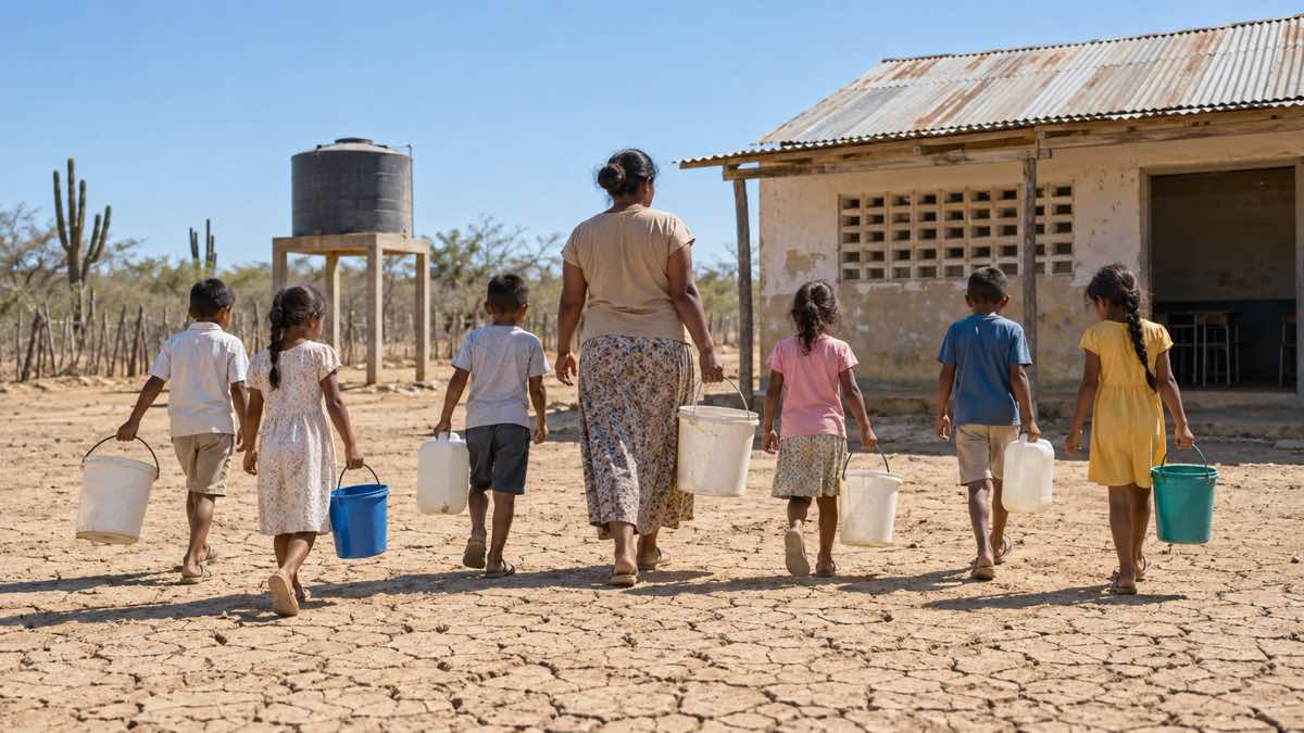 UNICEF contó 374.377 estudiantes colombianos con clases interrumpidas por la sequía: en el mundo fueron 171 millones en 2025 1 Docente y estudiantes llevan recipientes vacíos por el patio seco de una escuela rural de La Guajira.