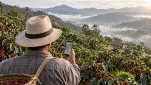 Caficultor de espaldas consulta un mapa en su teléfono frente a cafetos y montañas verdes.