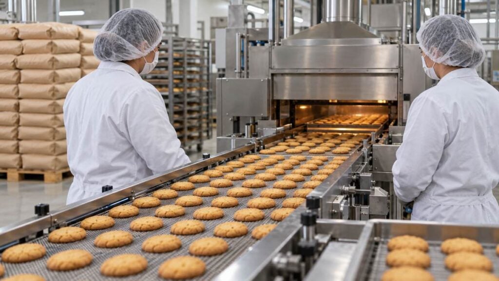 Operarios supervisan galletas en una banda transportadora con sacos de leche en polvo al fondo.