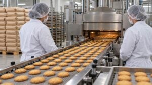 Operarios supervisan galletas en una banda transportadora con sacos de leche en polvo al fondo.