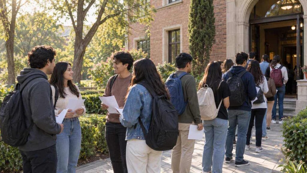 jóvenes aspirantes hacen fila frente a un edificio universitario antes del examen de admisión.