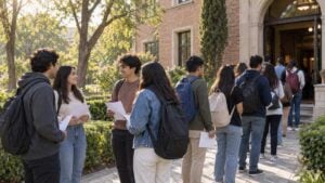 jóvenes aspirantes hacen fila frente a un edificio universitario antes del examen de admisión.
