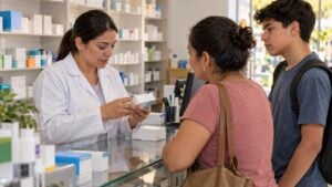 Farmaceuta revisa una caja mientras una madre y su hijo esperan en una farmacia de barrio.