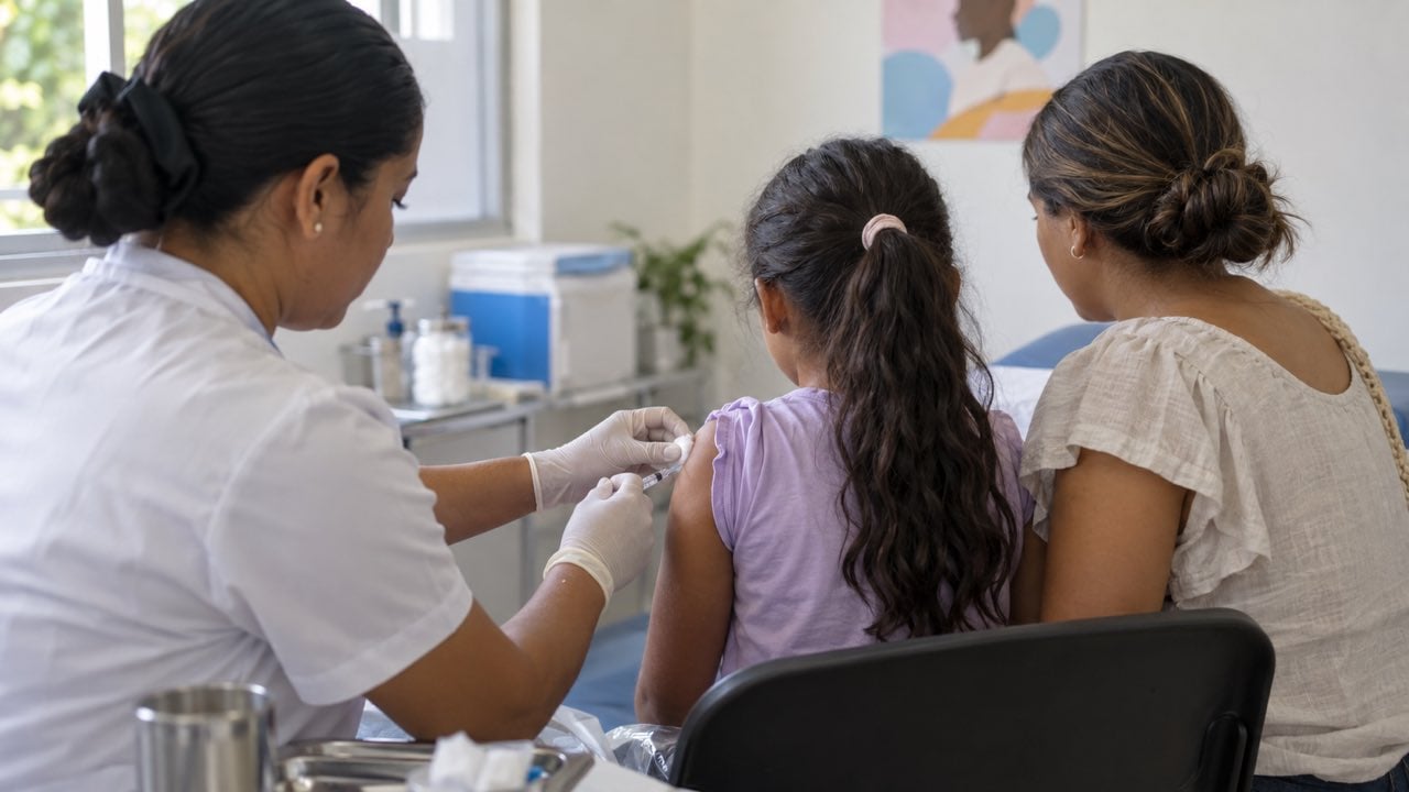 El Ministerio de Salud sumó a Barranquilla y Cali a la vacuna gratuita contra el dengue: los niños de 9 años reciben dos dosis 1 Enfermera vacuna a una niña acompañada por su madre en una sala de un centro de salud público.