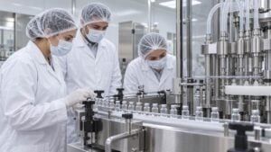 Técnicos con traje de sala limpia revisan una línea de llenado de frascos de vacuna en una planta farmacéutica.