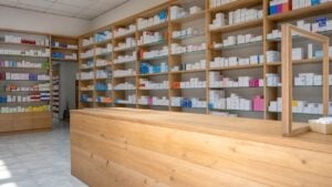 Interior de una droguería de barrio con estanterías de medicamentos genéricos y mostrador de madera