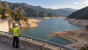 Técnico observa un embalse andino con una franja de tierra seca junto al agua