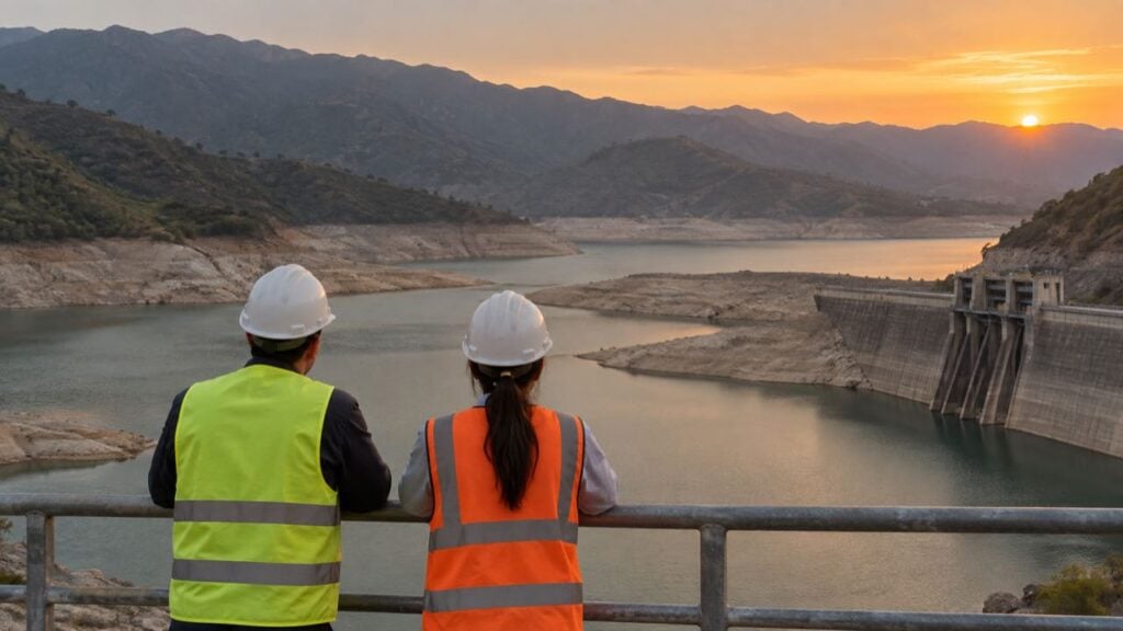 Dos técnicos miran desde una baranda un embalse con el nivel del agua bajo.