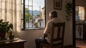 Un hombre mayor sentado solo junto a la ventana de una casa sencilla.