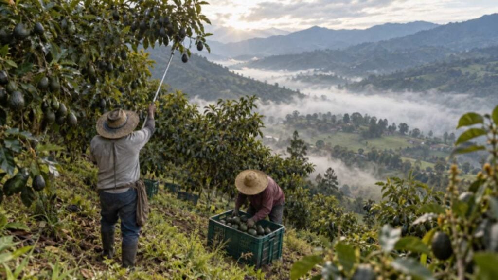 Trabajadores cosechan aguacates Hass en una finca de ladera en las montañas de Antioquia.