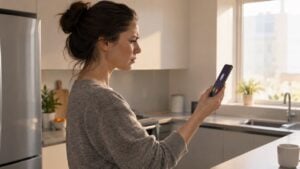 Una mujer mira con desconfianza su celular mientras suena una llamada en la cocina de su casa.