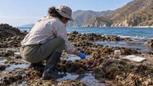 Investigadora de perfil recoge con pinzas una pequeña muestra de alga roja en una playa rocosa del Caribe.