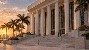 Fachada de un edificio de tribunales federales con palmeras al atardecer.