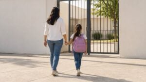 Una niña camina de la mano de su mamá hacia la entrada de un colegio.