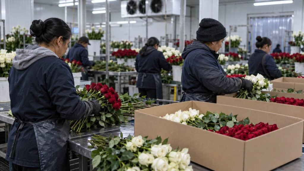 Trabajadoras de un cultivo de flores empacan rosas en cajas en una sala de poscosecha.