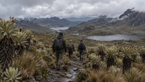 Tres guardaparques caminan por un sendero de páramo con frailejones y lagunas al fondo.