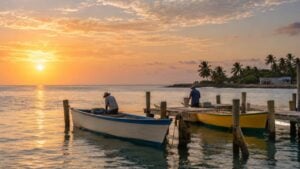 Dos pescadores revisan sus lanchas en un muelle del Caribe colombiano con el mar en calma.