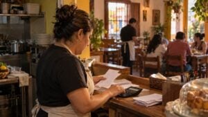 La dueña de un restaurante revisa facturas con una calculadora en el mostrador de su negocio.