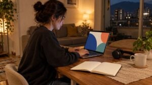 Joven de perfil estudia un curso virtual en un portátil en la sala de un apartamento durante la noche.