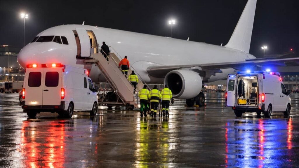 Ambulancias junto a un avión comercial estacionado de noche en un aeropuerto.