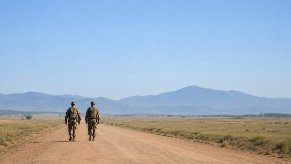 Dos soldados caminan de espaldas por una carretera de tierra en una llanura abierta.