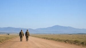 Dos soldados caminan de espaldas por una carretera de tierra en una llanura abierta.