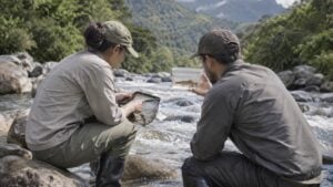 Dos biólogos revisan una red y un recipiente con un pequeño bagre en un río de piedras de la cordillera.