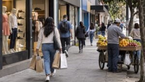 Transeúntes en una calle comercial de una ciudad colombiana.