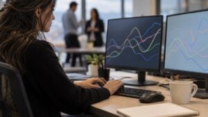Una economista revisa en dos monitores curvas de colores mientras dos colegas conversan al fondo de una oficina.