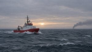 Un barco de rescate navega en el mar Negro con humo en el horizonte.