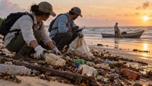 Investigadores recogen botellas plásticas en una playa del Caribe mientras un pescador permanece junto a su lancha.