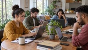 Personas adultas estudian cursos virtuales en computadores portátiles en un espacio cotidiano.