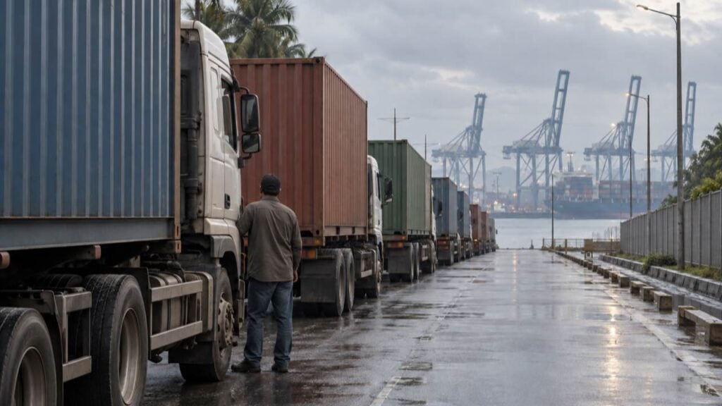Tractocamiones con contenedores hacen fila en la vía de acceso a un puerto, con grúas al fondo.
