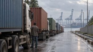 Tractocamiones con contenedores hacen fila en la vía de acceso a un puerto, con grúas al fondo.