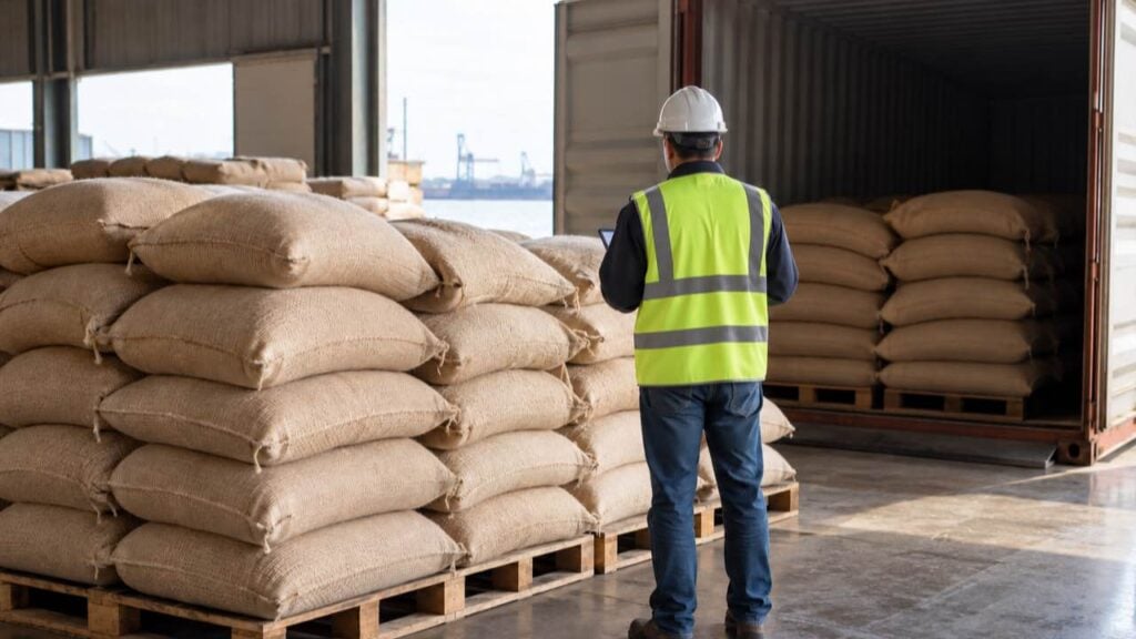 sacos de café apilados en una bodega portuaria, listos para exportación.