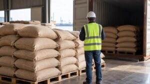 sacos de café apilados en una bodega portuaria, listos para exportación.