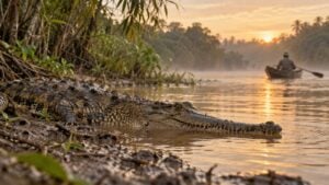 Un caimán aguja asoma la cabeza en la orilla de un río tropical mientras un pescador pasa en canoa al fondo.