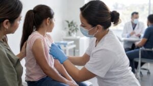 Una enfermera vacuna a una niña acompañada por su madre en el consultorio de un centro de salud.