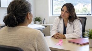 Una mujer conversa con su médica en un consultorio, con un lazo rosado sobre el escritorio.