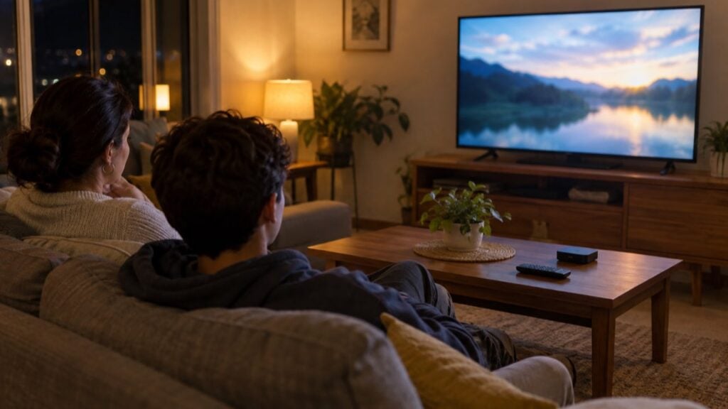 Una familia ve televisión en la sala de su casa en la noche.