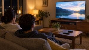Una familia ve televisión en la sala de su casa en la noche.