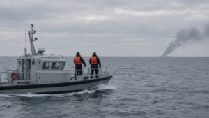 Rescatistas en la cubierta de un barco de guardacostas miran una columna de humo en el mar.