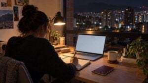 Una joven profesional estudia en su escritorio con un portátil, cuadernos y un pasaporte.